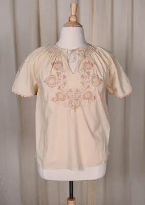 1940s Style Tan Embroidered Peasant Blouse