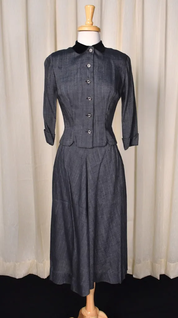 1940s Velvet Trim Skirt Suit