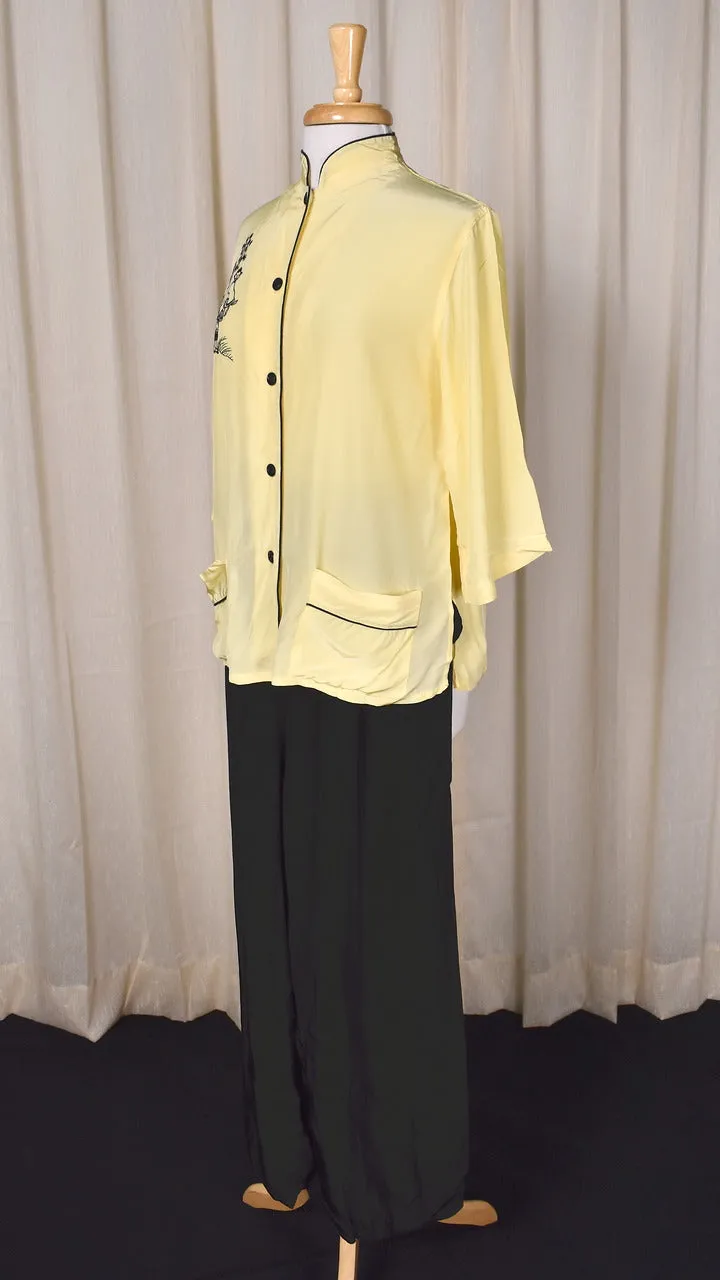 1940s Yellow & Black Embroidered Rayon PJs