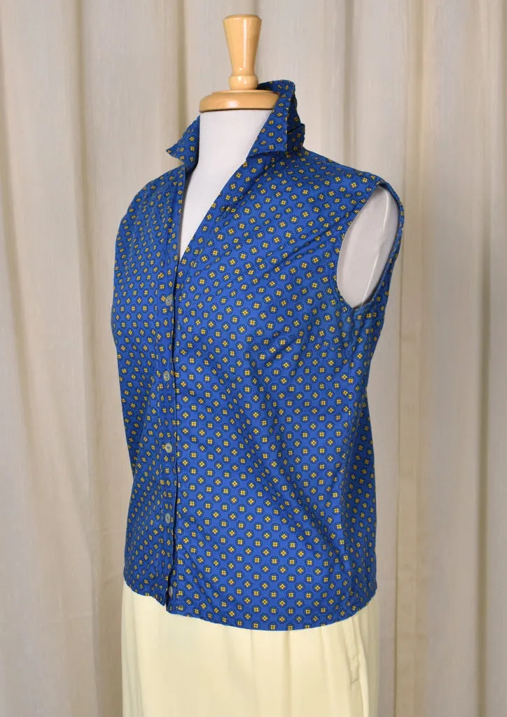 1950s Blue & Yellow Medallion Sleeveless Blouse