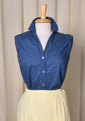 1950s Blue & Yellow Medallion Sleeveless Blouse