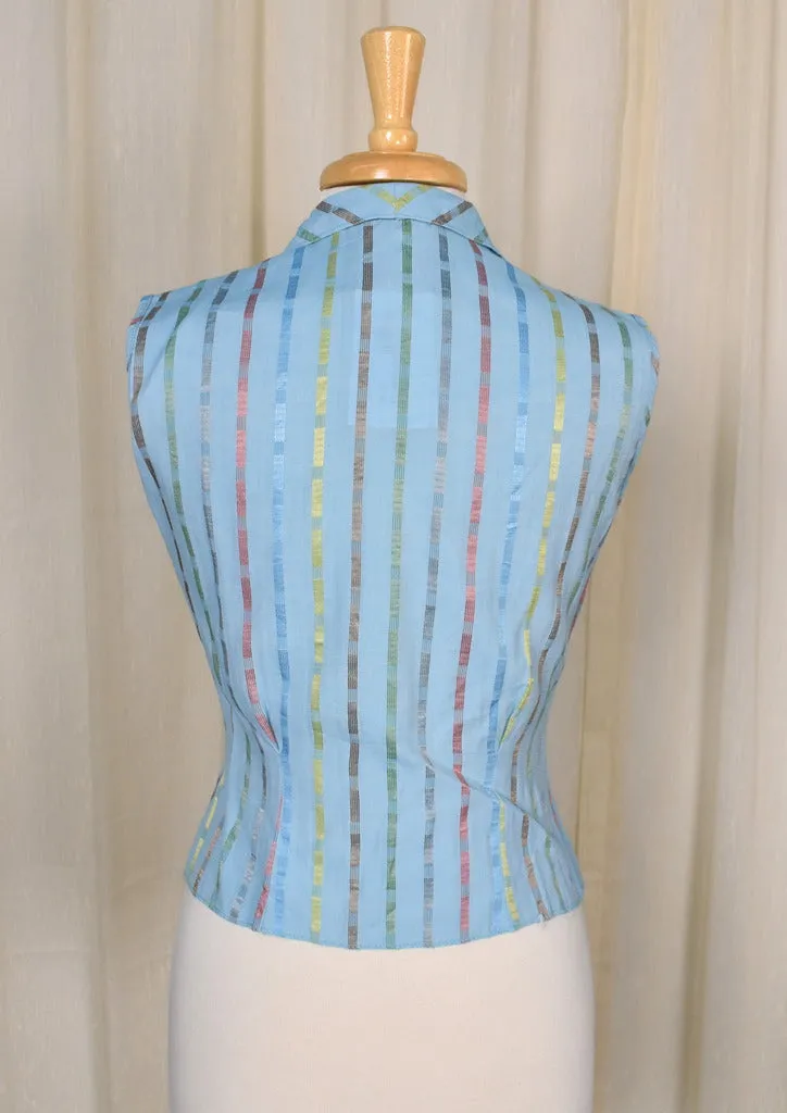 1950s Blue Iridescent Stripe Sleeveless Blouse