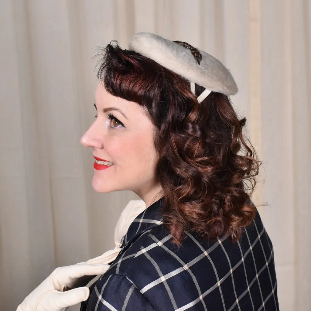 1950s Fuzzy Ivory Bird Feather Hat