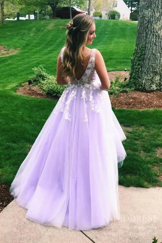 3D Floral Lilac Tulle Long Prom Dresses V Neck Junior Prom Dress FD2330