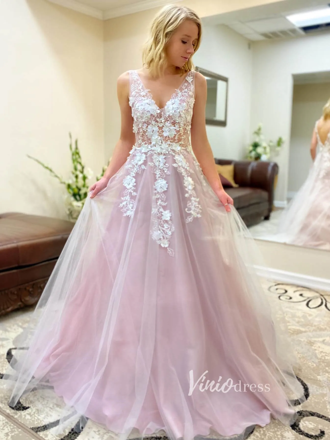 3D Floral Lilac Tulle Long Prom Dresses V Neck Junior Prom Dress FD2330