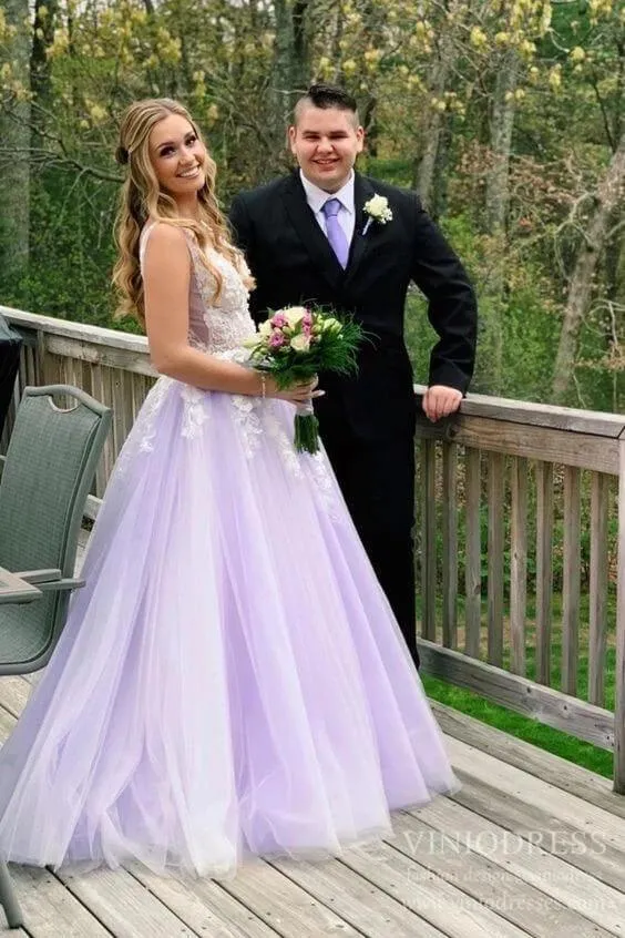 3D Floral Lilac Tulle Long Prom Dresses V Neck Junior Prom Dress FD2330