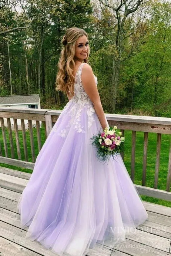 3D Floral Lilac Tulle Long Prom Dresses V Neck Junior Prom Dress FD2330