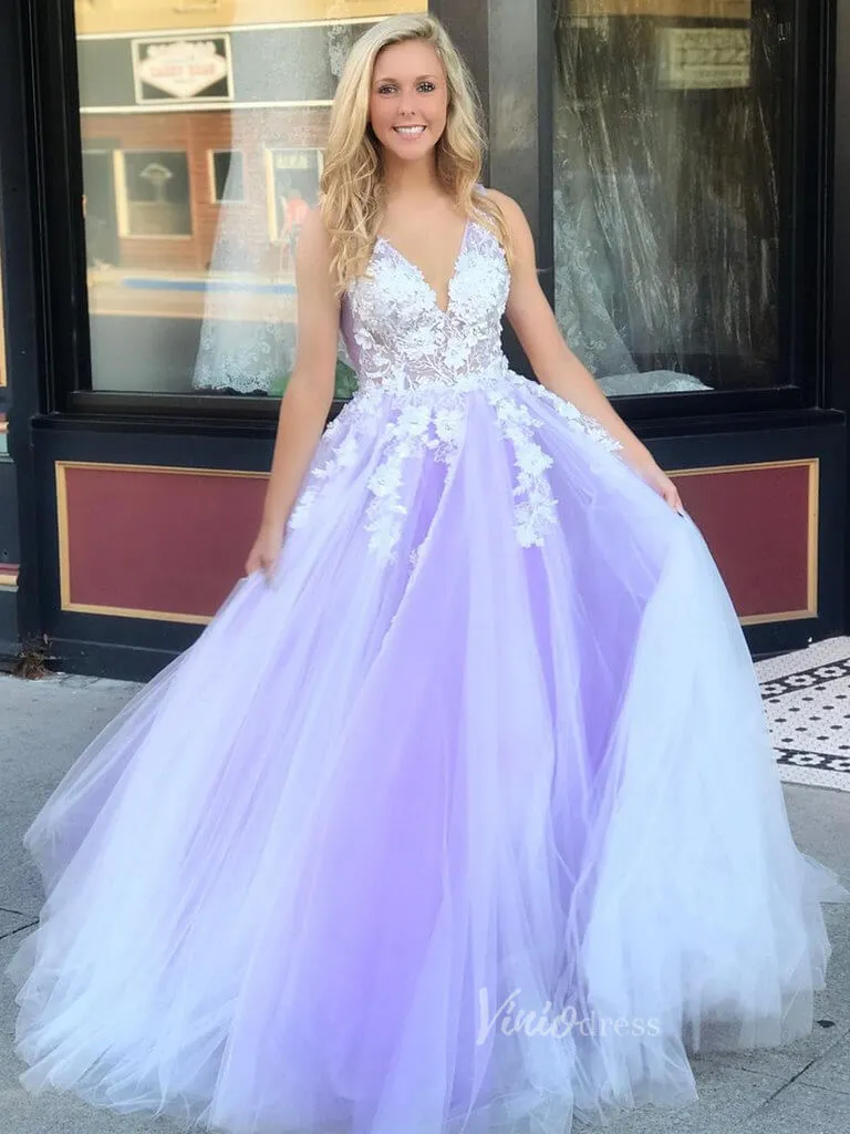 3D Floral Lilac Tulle Long Prom Dresses V Neck Junior Prom Dress FD2330