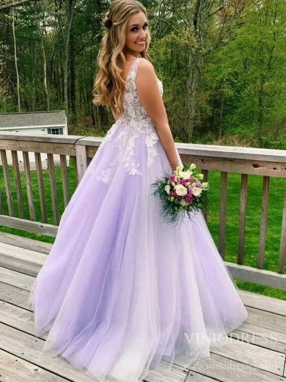 3D Floral Lilac Tulle Long Prom Dresses V Neck Junior Prom Dress FD2330