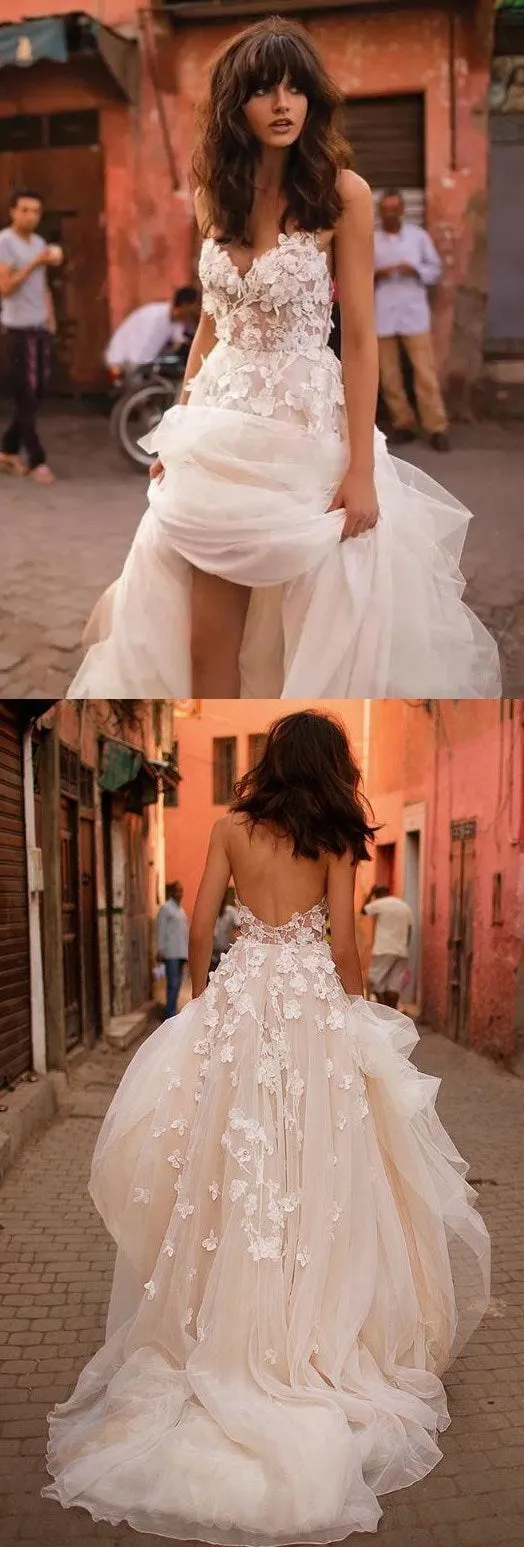 A-line Backless Brush Train Tulle Long Wedding Dresses, Cheap Wedding Dresses, WDY0165