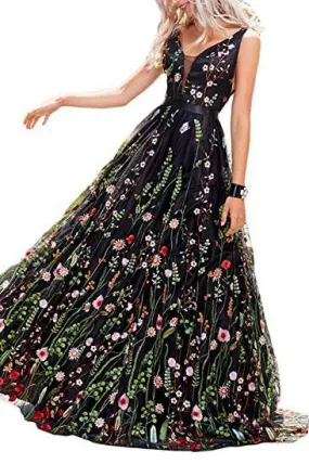 A Line Black Backless Lace Floral Long Sleeveless V Neck Formal Dresses Prom Dresses JS326