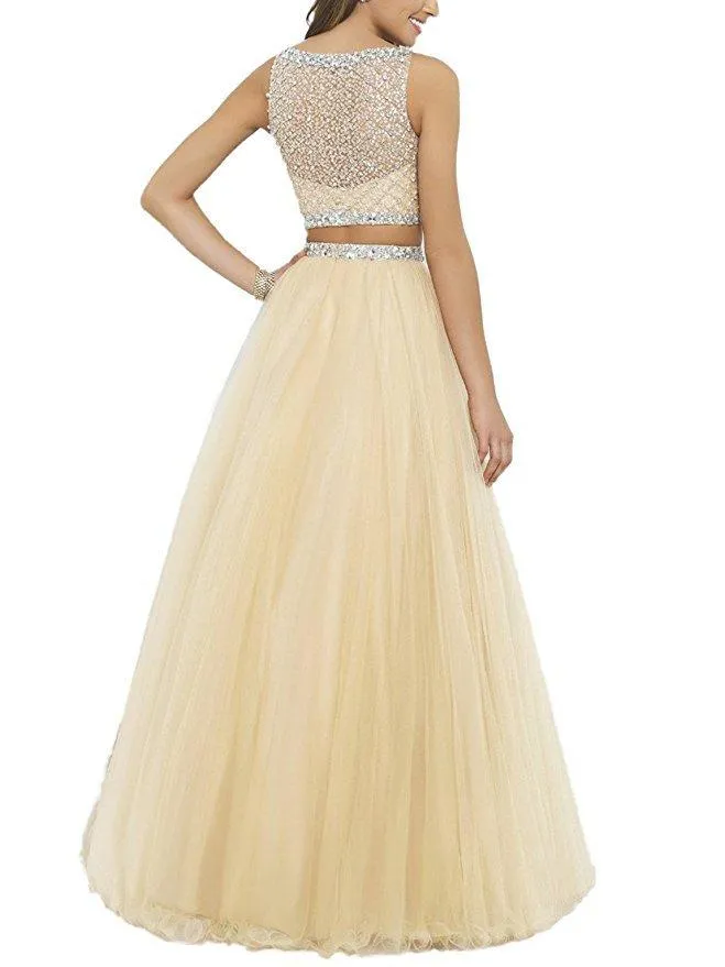 A-line Two Piece Beaded Tulle Evening Dresses ,Cheap Prom Dresses,PDY0587