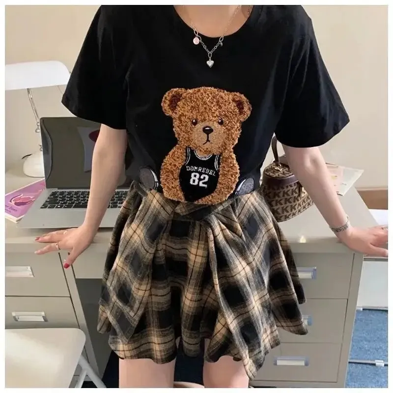 Aesthetic Plaid Skirt Short Sleeve Cartoon Bear T-shirt Set