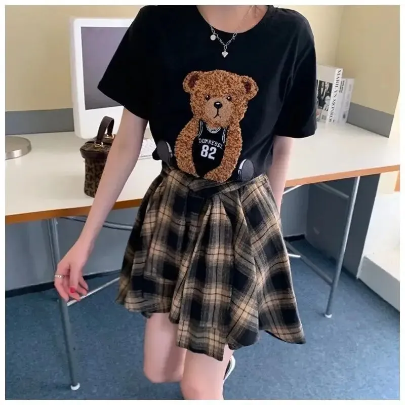 Aesthetic Plaid Skirt Short Sleeve Cartoon Bear T-shirt Set