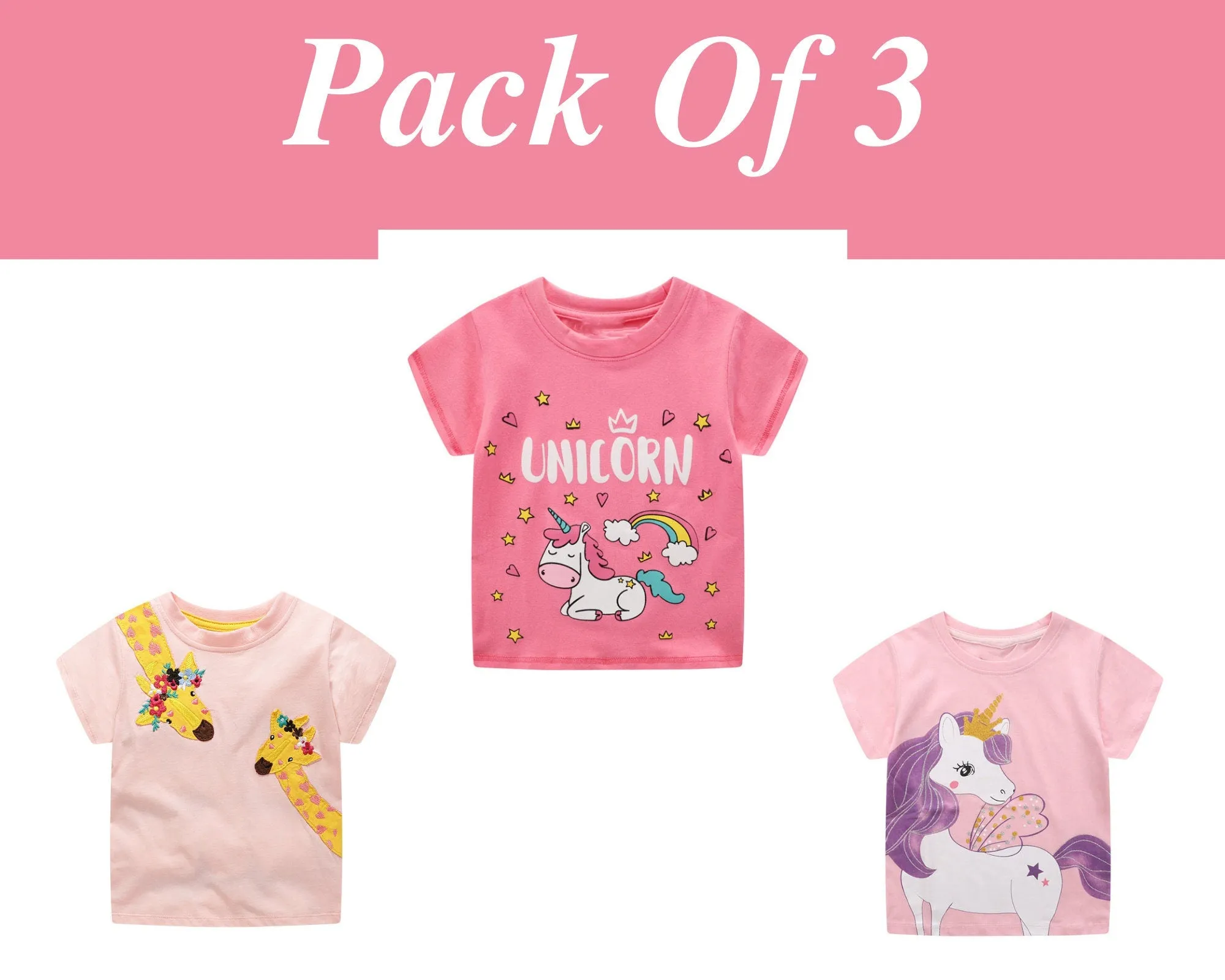 Baby Girl Summer Tops & Tees Clothing Set Unicorn, giraffe Pattern T-shirt | Toddler Baby Girl Clothing Gift for Girls Outfit Pack of 3