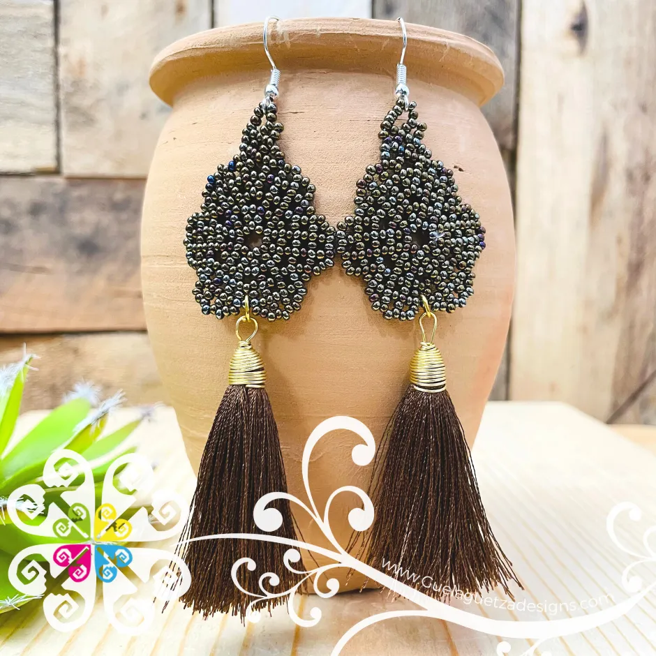 Beaded Flower with Tassel Earrings