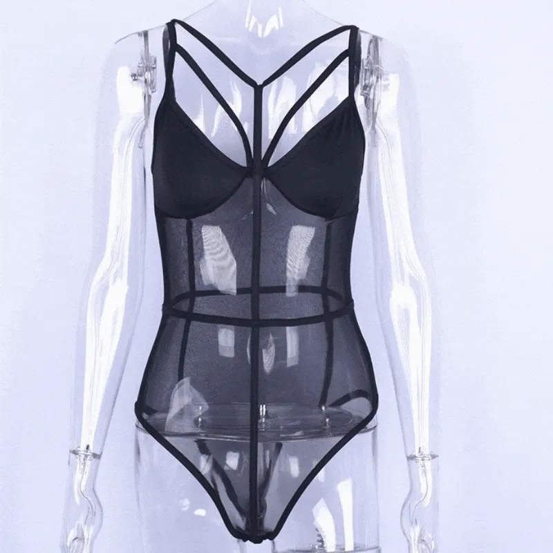 Black Sheer Mesh Criss Cross Strappy Bodysuit