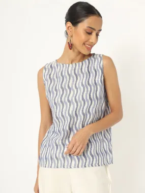 Blue and White Boatneck Ikat Top