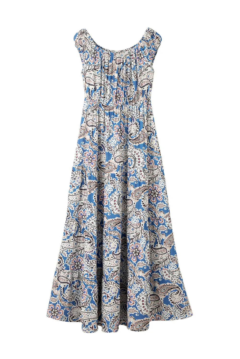 Blue Boho Paisley Print Off Shoulder Maxi Dress