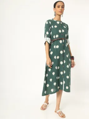 Bottle Green Handloom Ikat A-line Dress