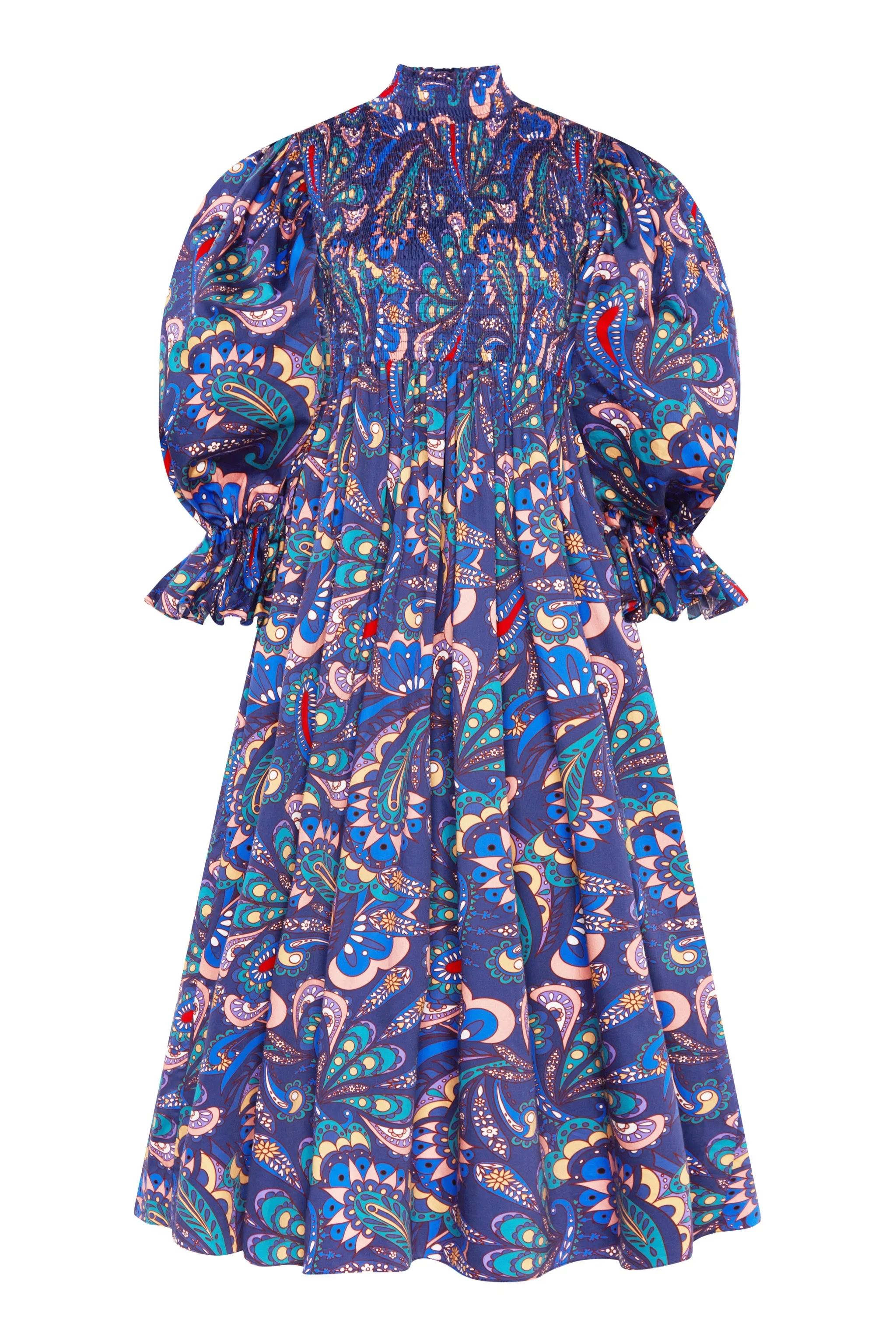 Catriona Cotton Shirred Midi Dress - Paisley Blue