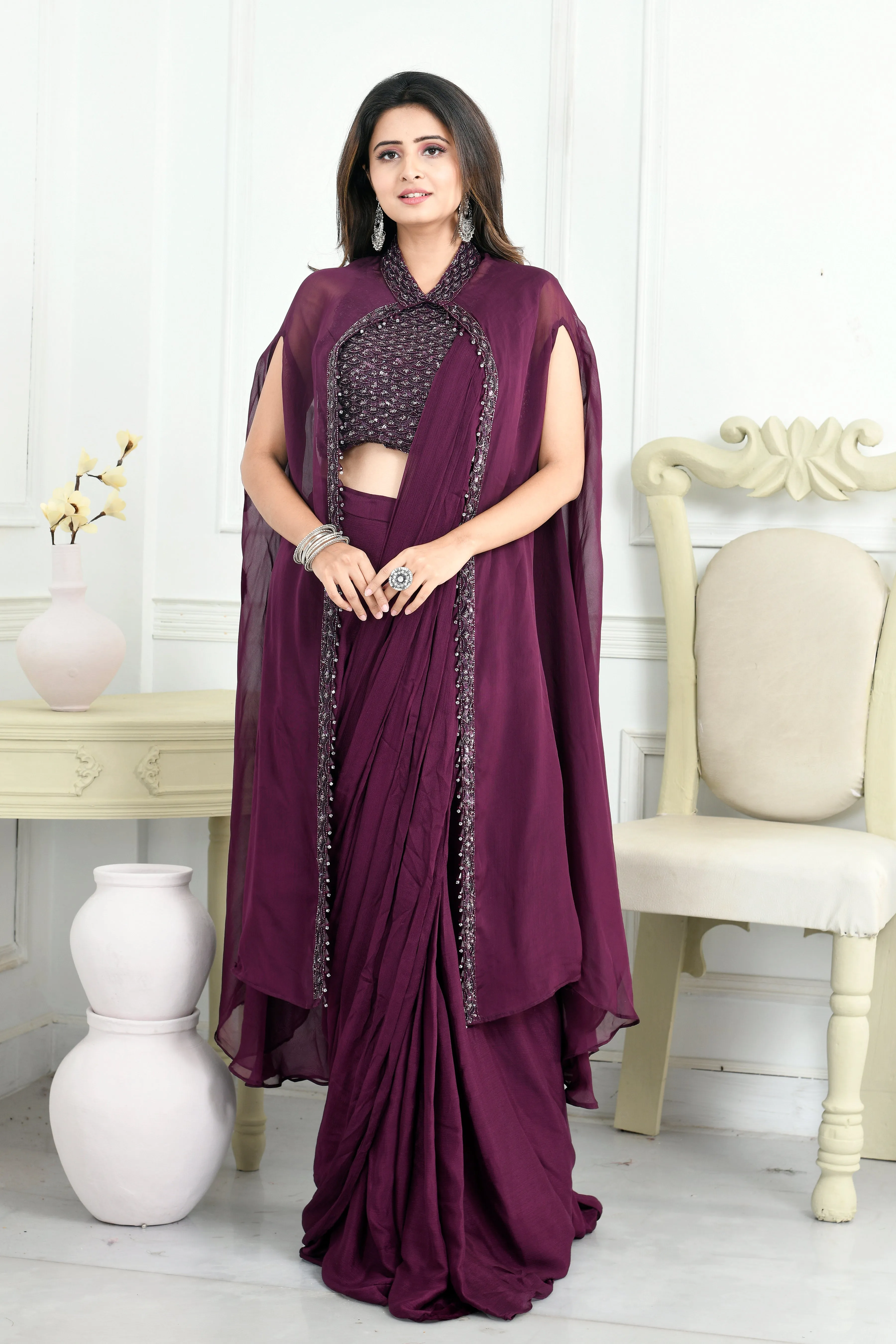 Chinon Drape Saree with Cutdana Work and Cape