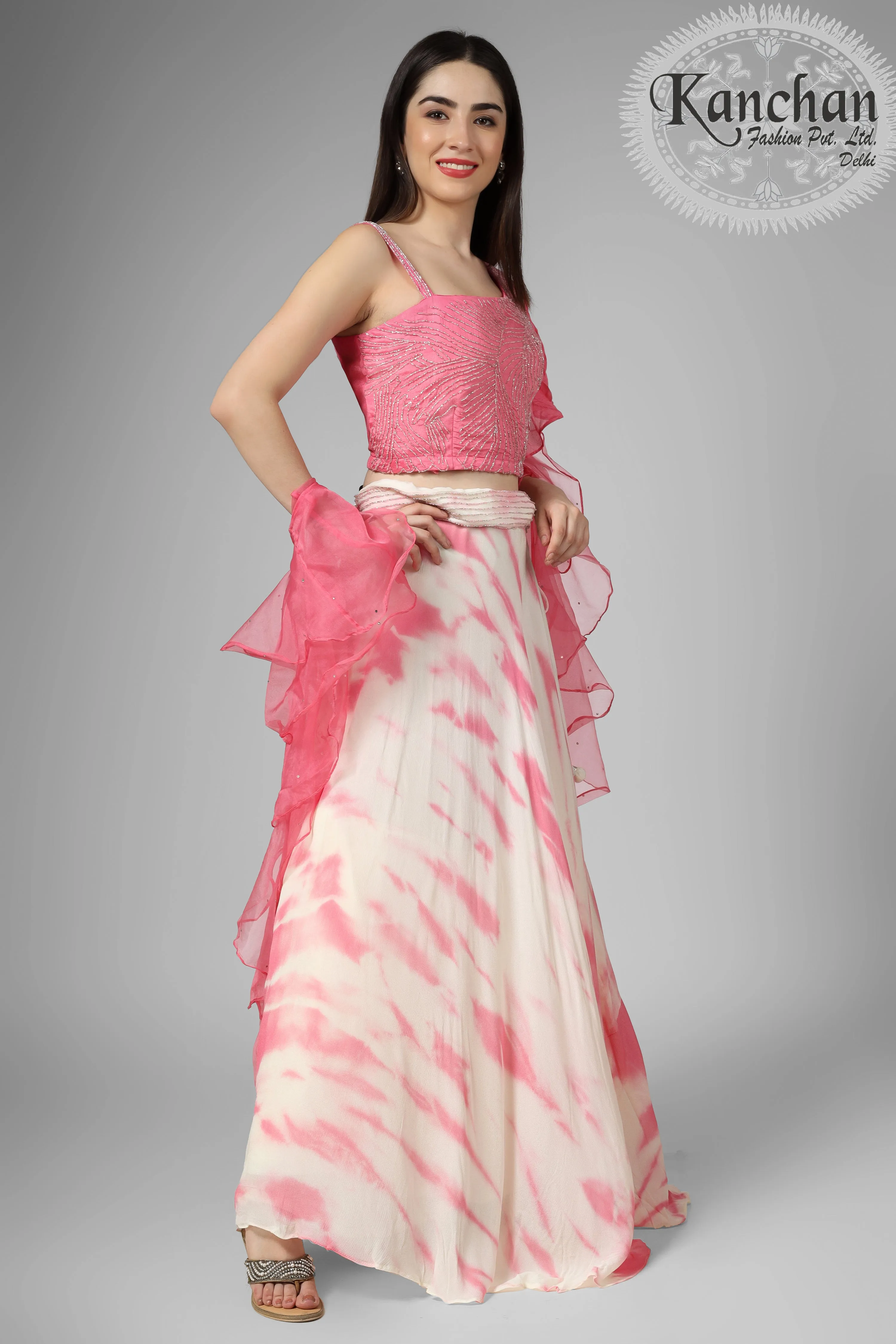 Chinon Silk Tie And Dye Skirt With Organza Ruffle Dupatta