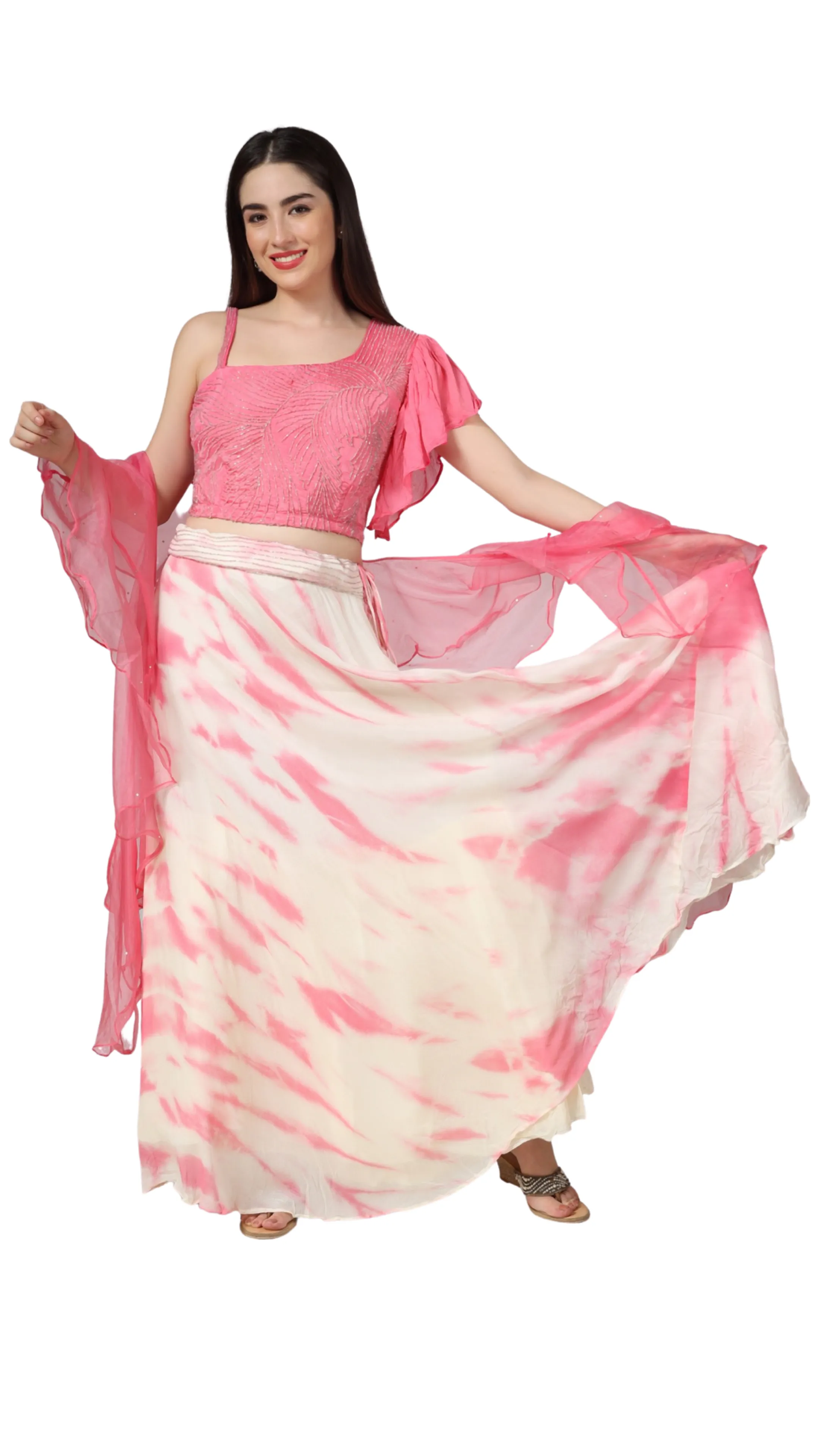 Chinon Silk Tie And Dye Skirt With Organza Ruffle Dupatta