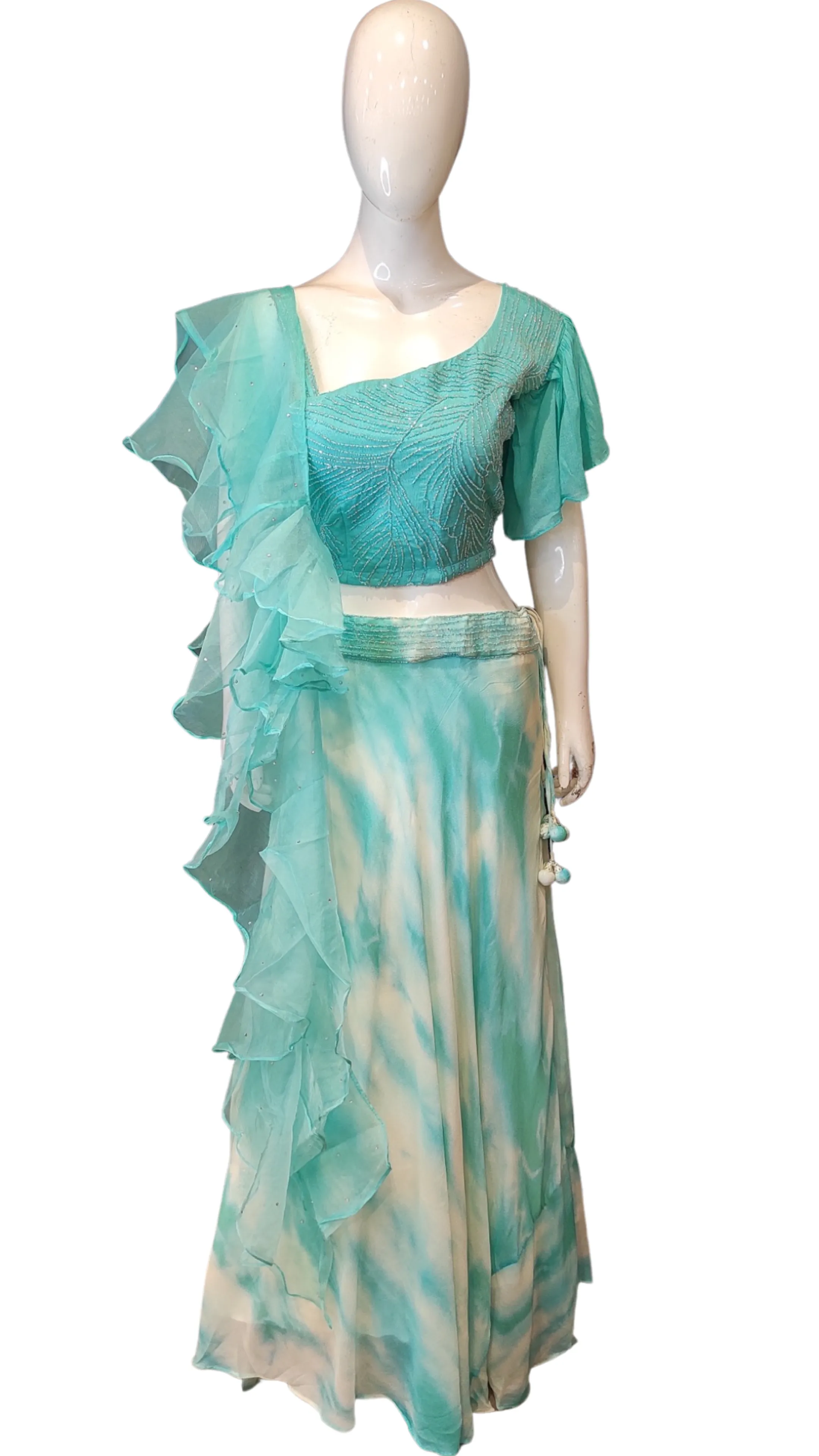 Chinon Silk Tie And Dye Skirt With Organza Ruffle Dupatta