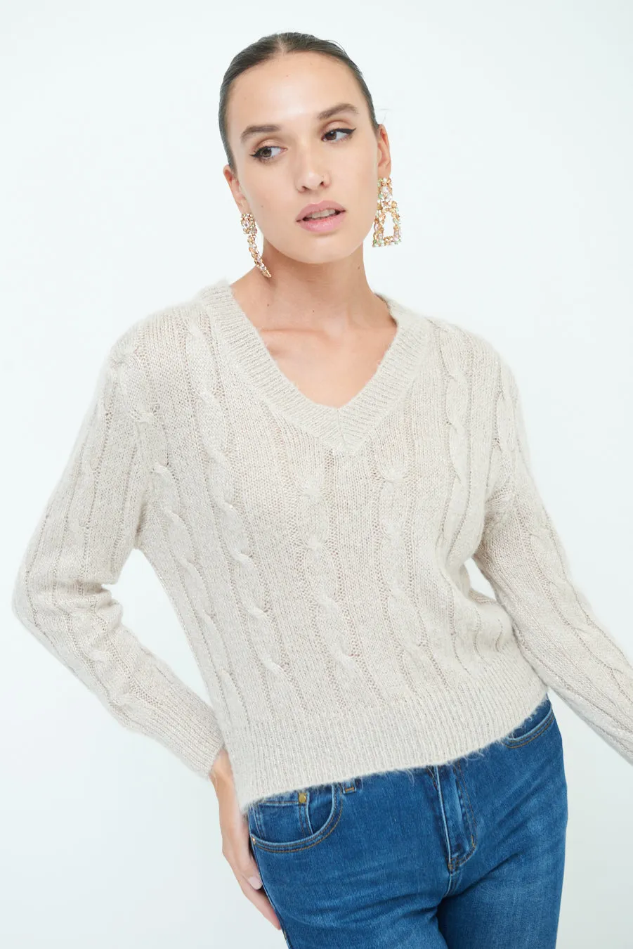 Classic cable knit V-neck sweater wholesale