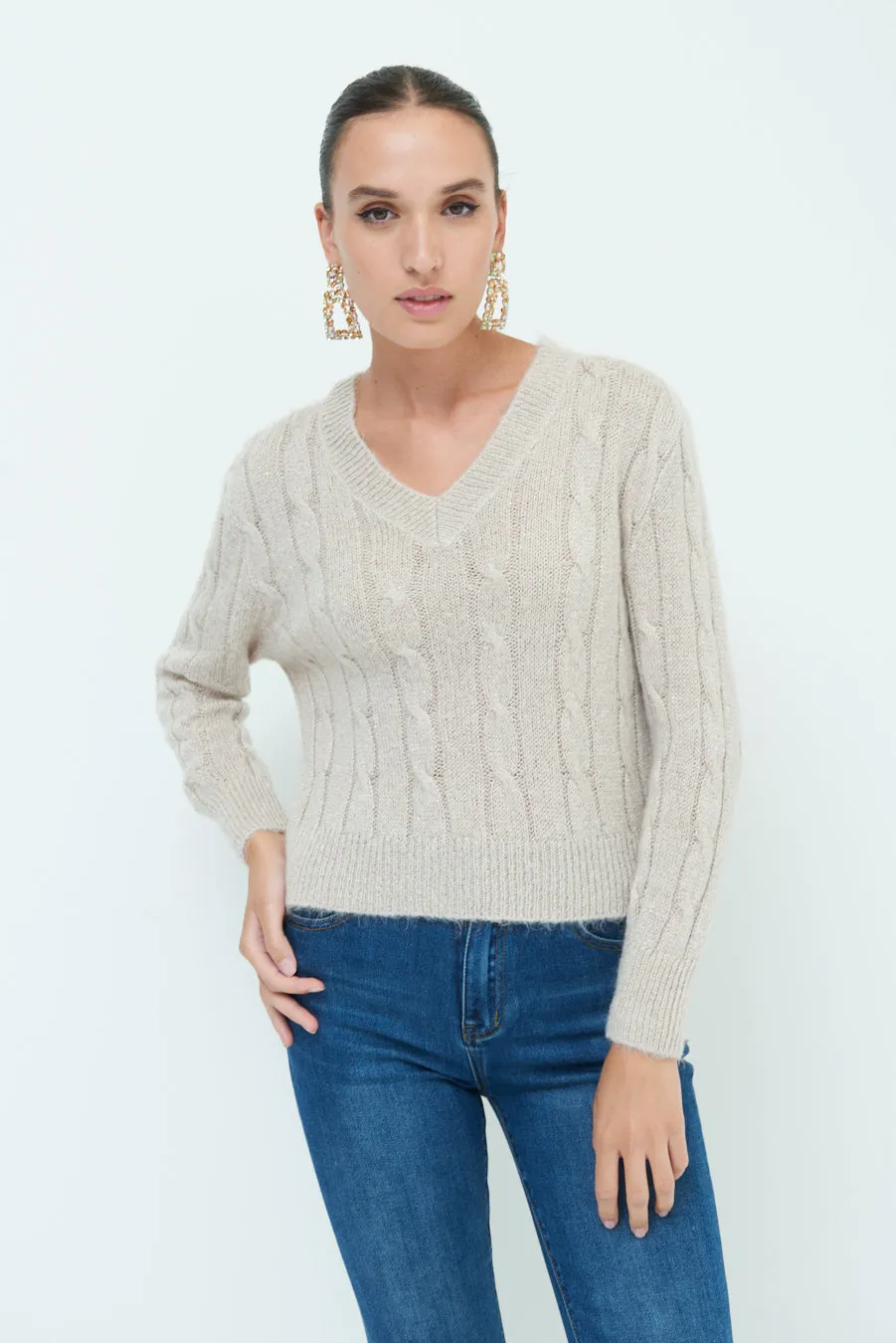 Classic cable knit V-neck sweater wholesale