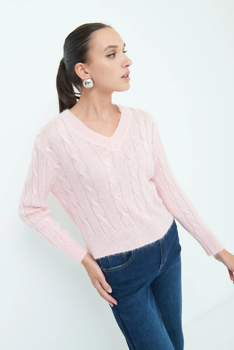 Classic cable knit V-neck sweater wholesale