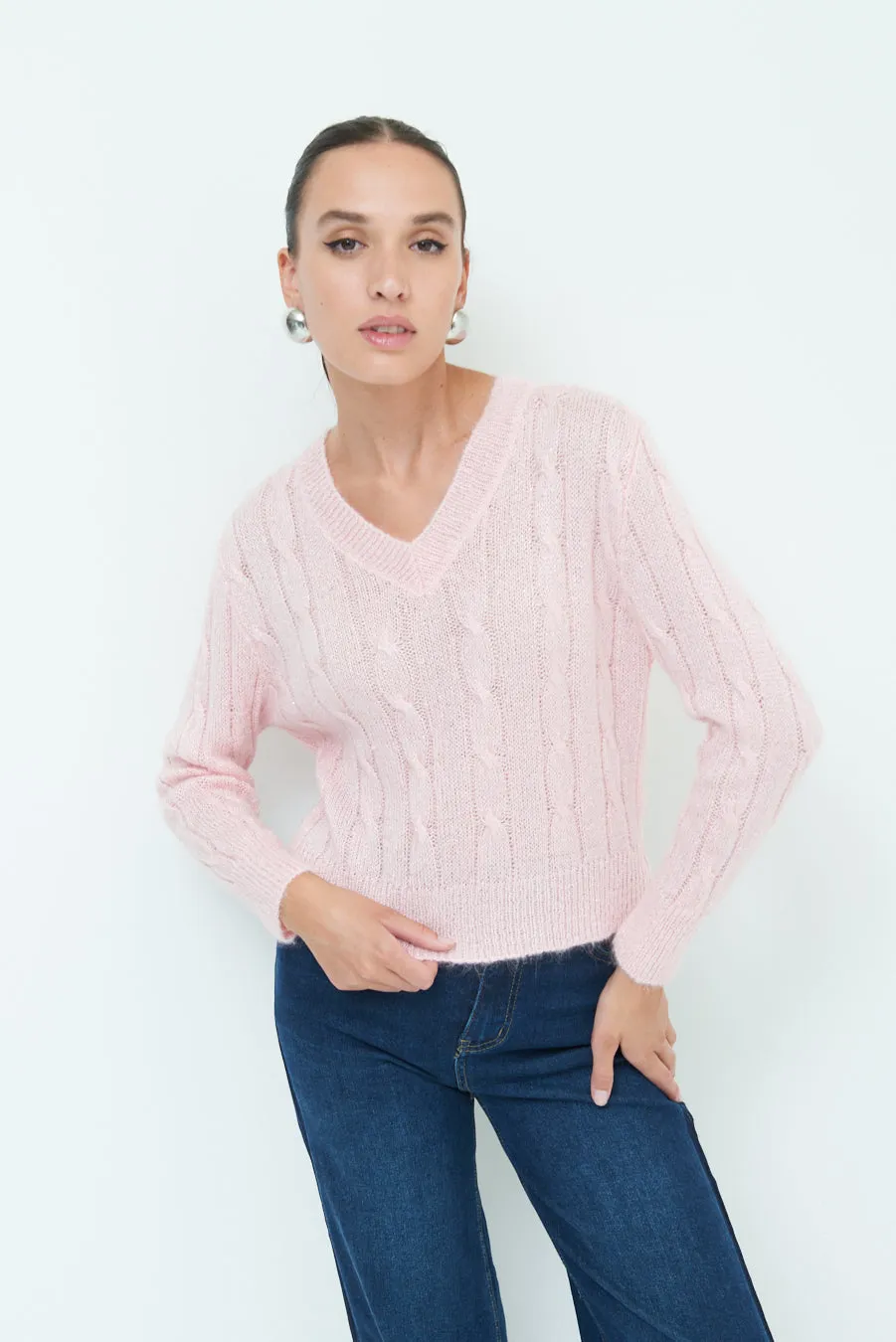 Classic cable knit V-neck sweater wholesale