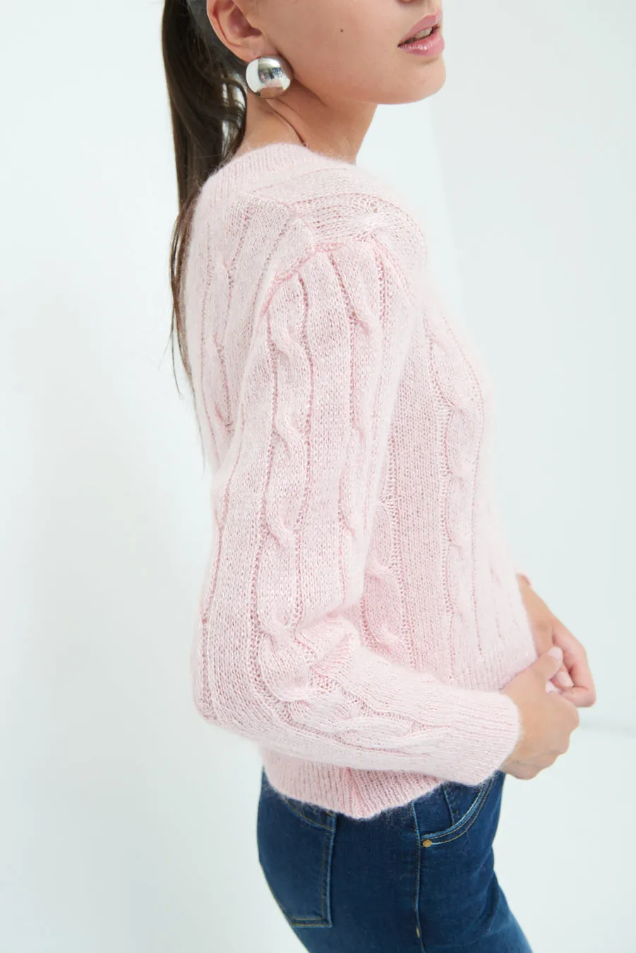 Classic cable knit V-neck sweater wholesale