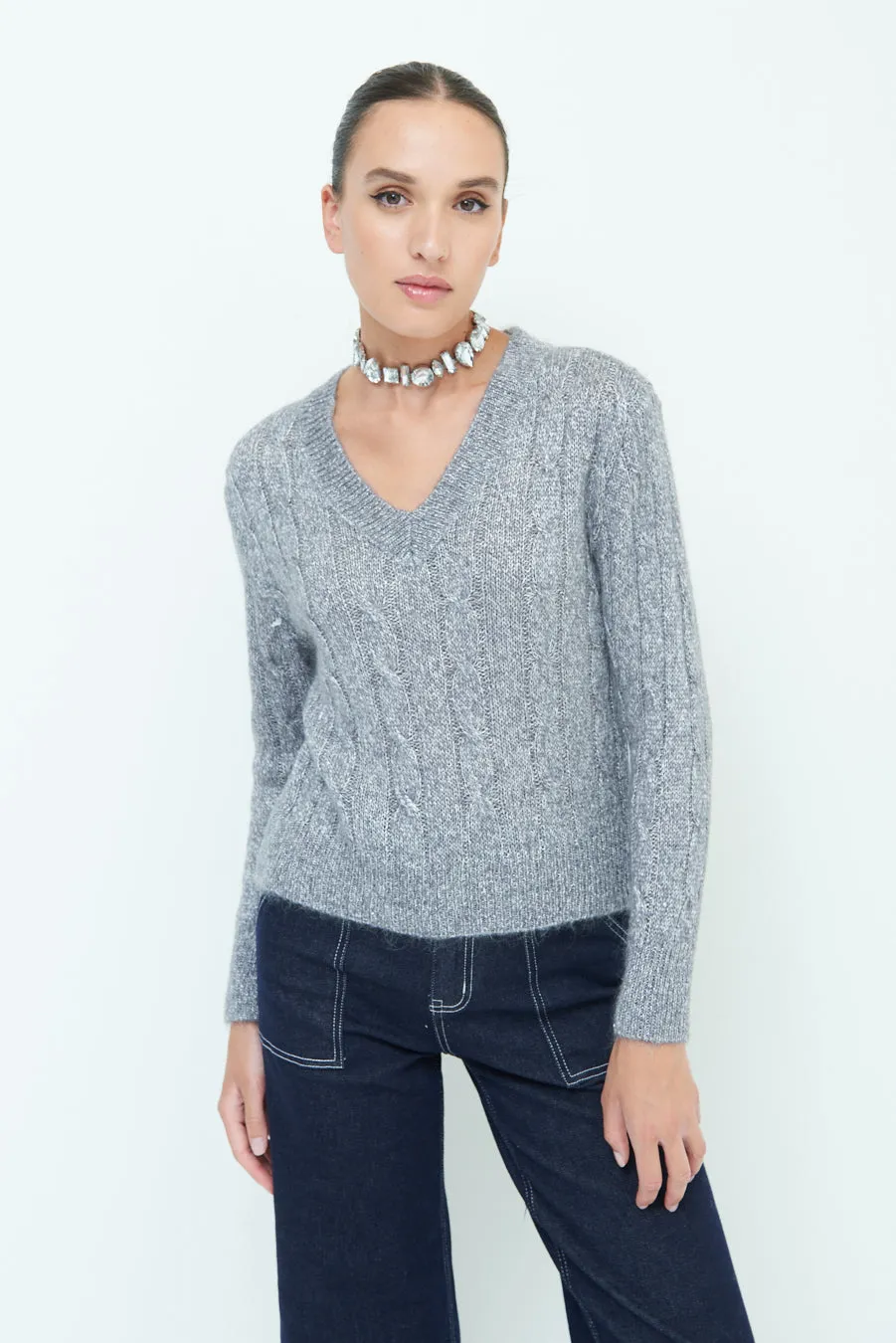 Classic cable knit V-neck sweater wholesale