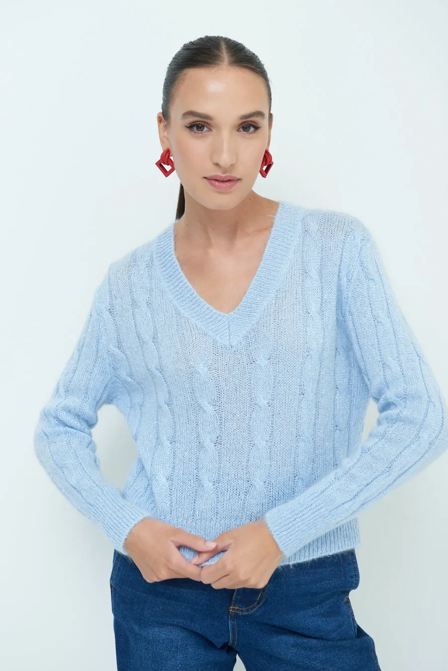 Classic cable knit V-neck sweater wholesale