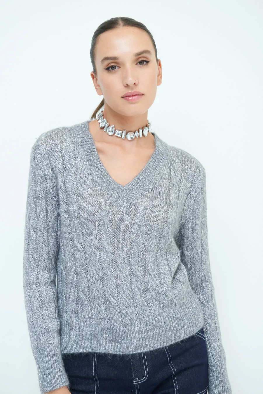 Classic cable knit V-neck sweater wholesale