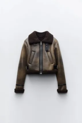 Cropped Brown Leather Shearling Jacket