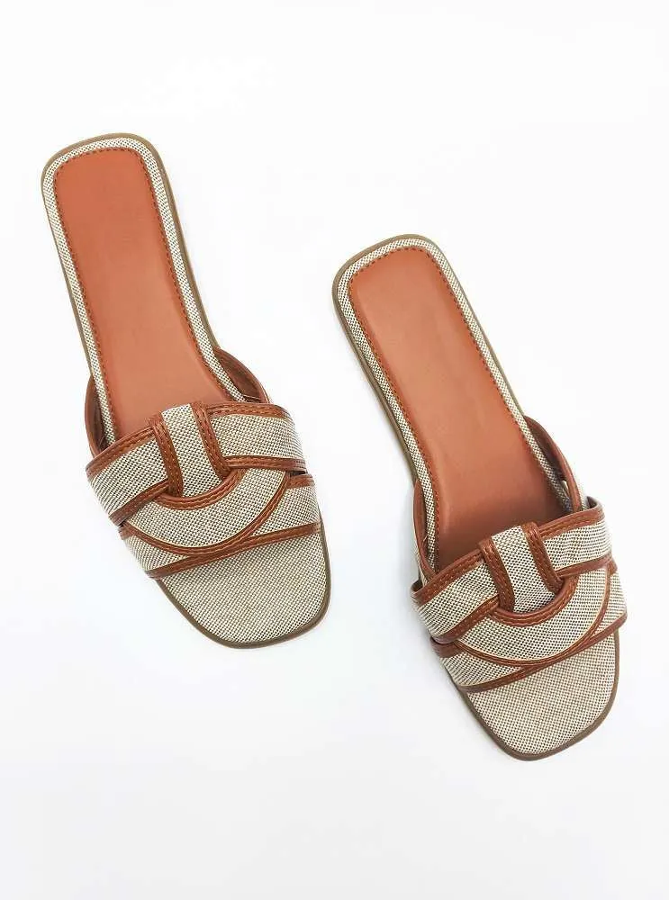 Elida Criss Cross Strap Sliders in Tan