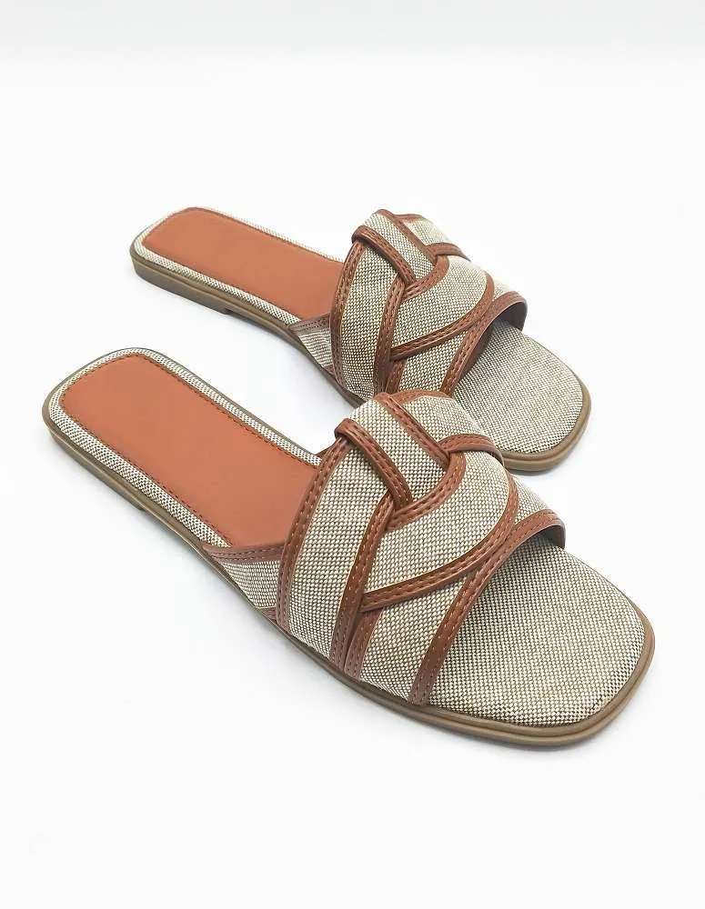 Elida Criss Cross Strap Sliders in Tan