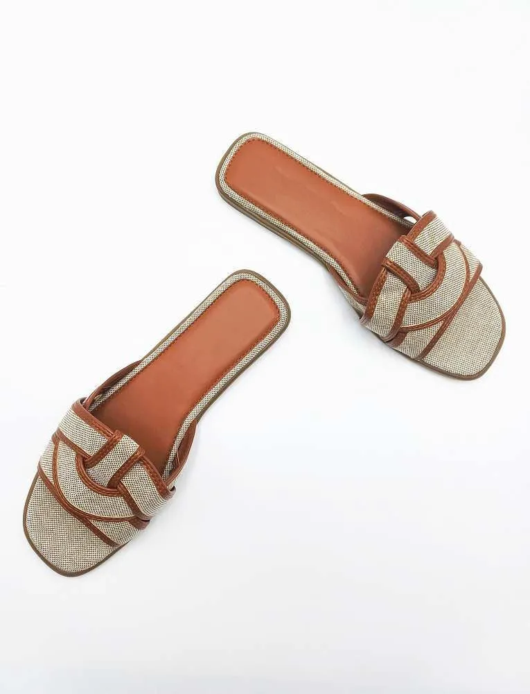 Elida Criss Cross Strap Sliders in Tan