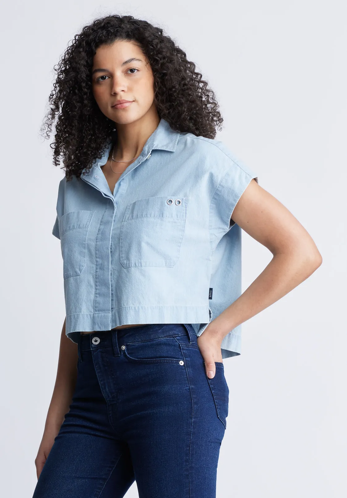 Fenella Women's Short Sleeve Crop Shirt, Blue - WT0088S