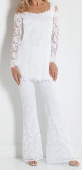 French Rose Lace Cold Shoulder Top And Bell Bottom Pant - B611L/P601