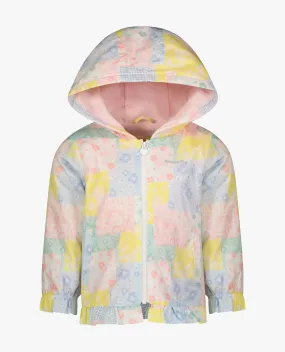 GIRLS PRINTED ZIP FRONT HOODED RUFFLE RAINCOAT