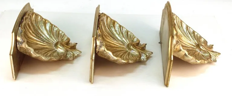 Hollywood Regency Silver Toned Shelf Wall Sconces in Shell Form