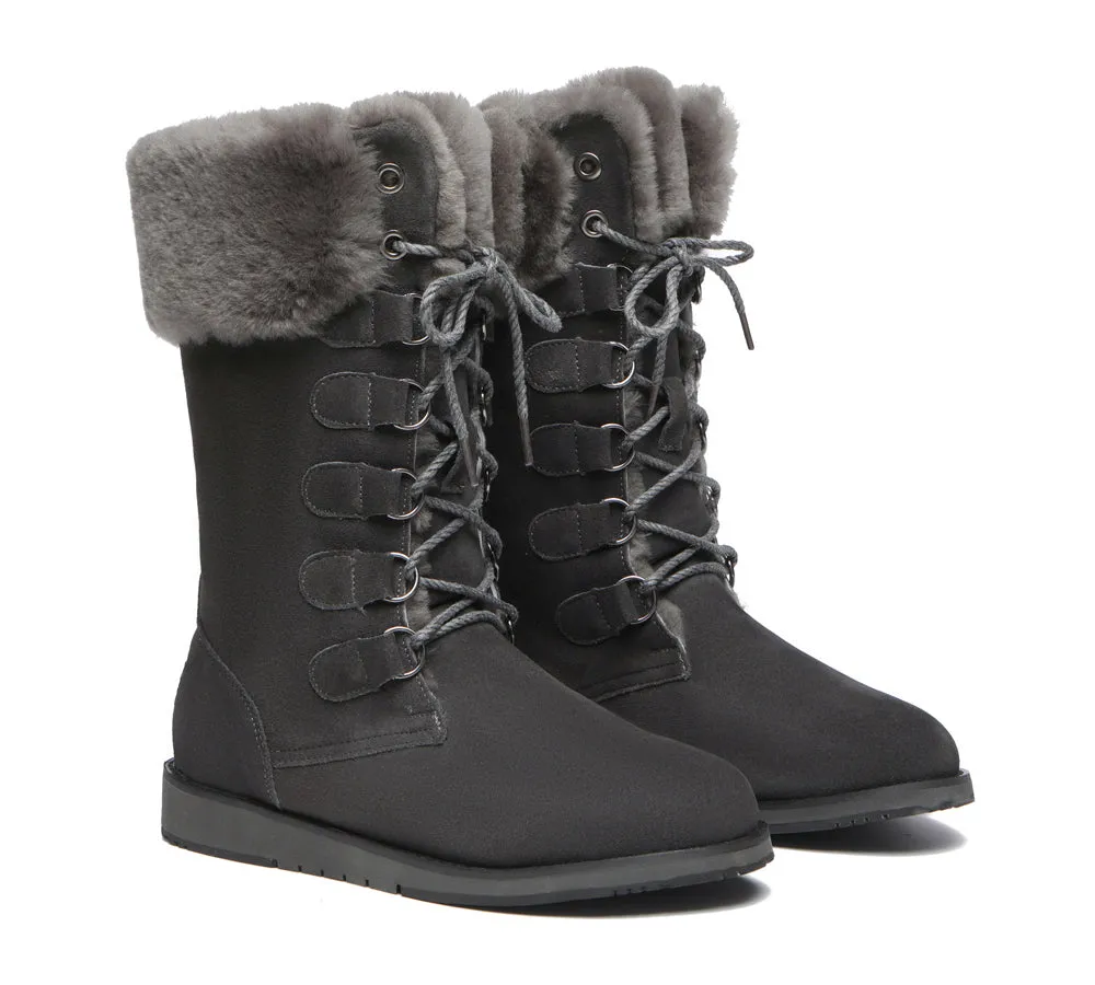 Lace Up Mid Calf Fashion Sheepskin Women Boots Becky