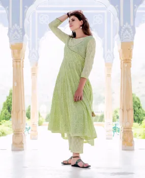 Lime Green Hand Block Printed and Embroidered Anarkali Kurta