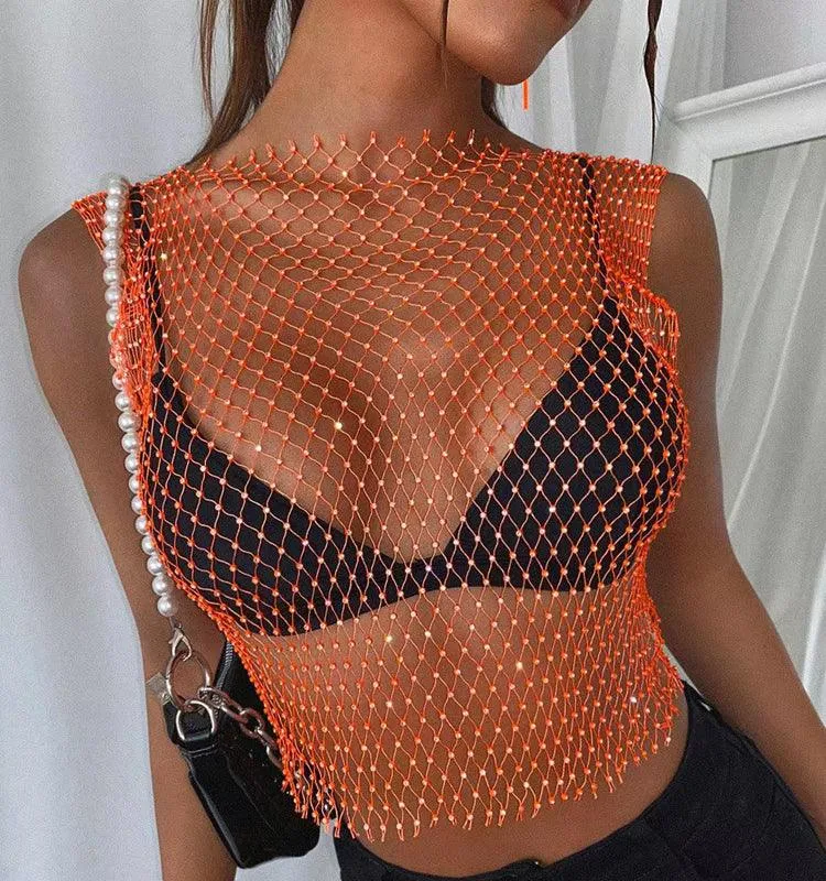 Mesh Crop Top Rhinestones Party See Through Fishnet