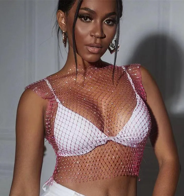 Mesh Crop Top Rhinestones Party See Through Fishnet