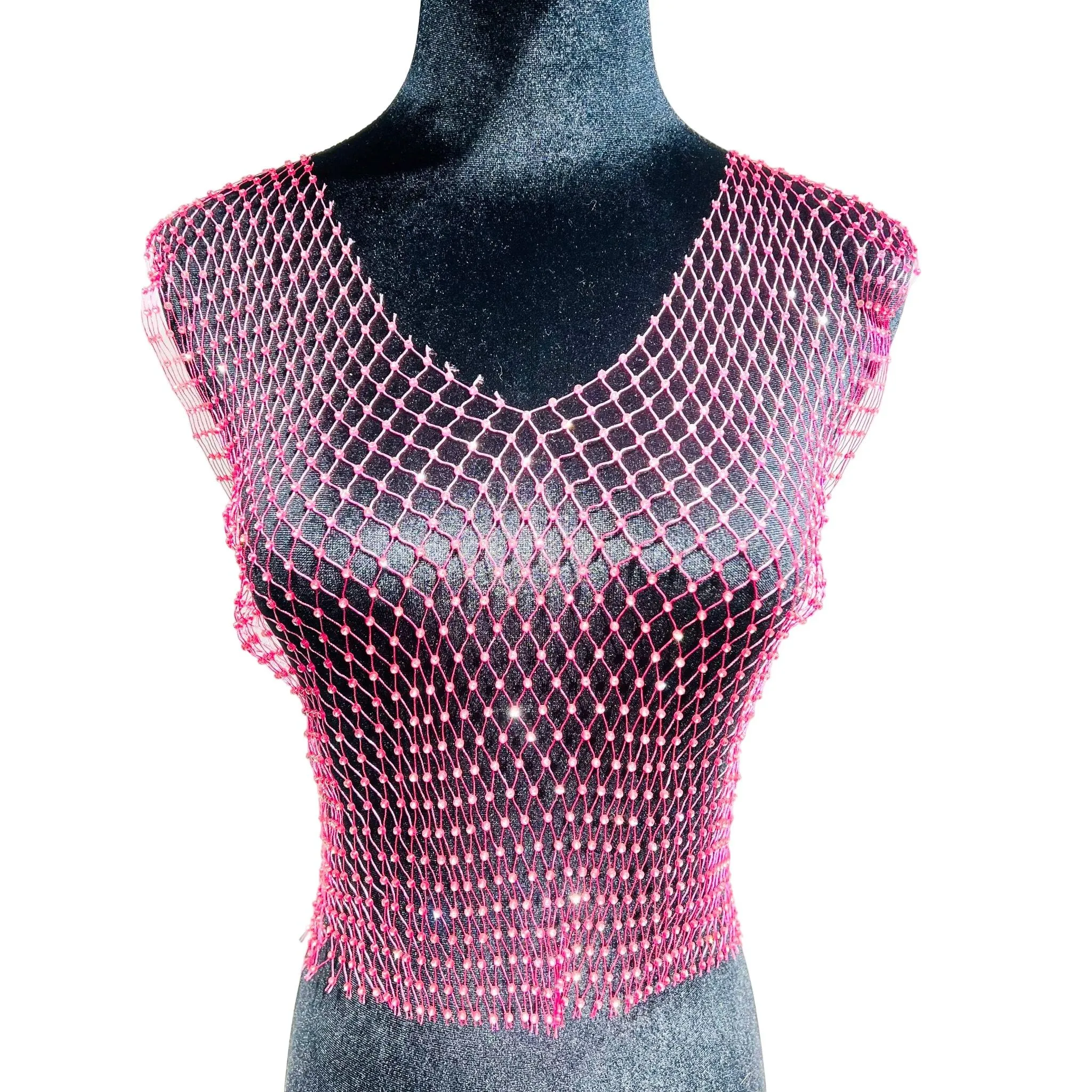 Mesh Crop Top Rhinestones Party See Through Fishnet